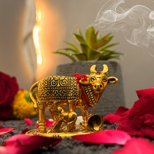 Divine Kamdhenu Cow with Calf Idol – Brass Finish Sacred Figurine for Puja, Vastu, Temple & Home Decor